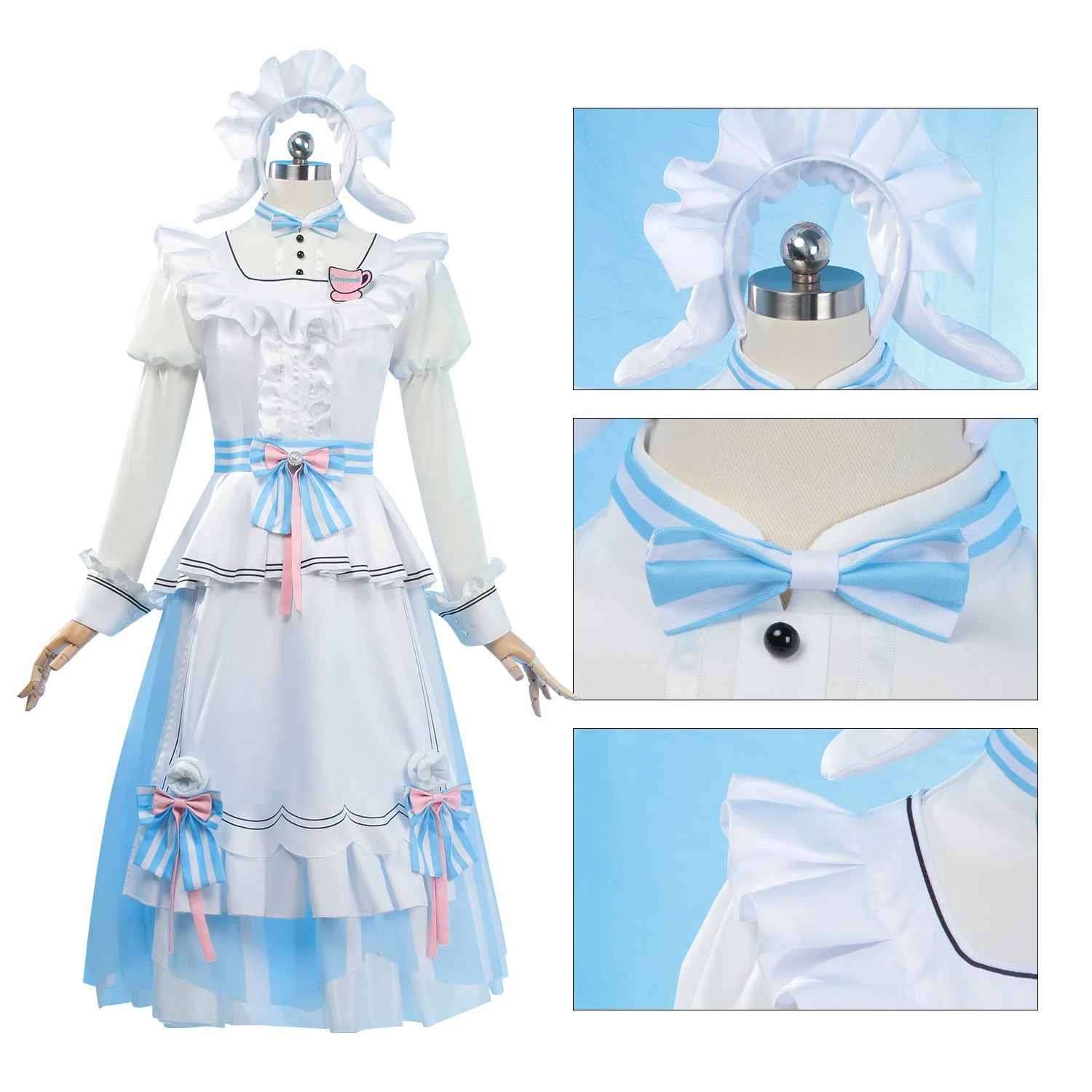 Otori Emu Cosplay Costume from Project SEKAI Blue White Maid Outfit with Hat, Bows and Cinnamoroll Badge for Women Girls Cosplay - view 2