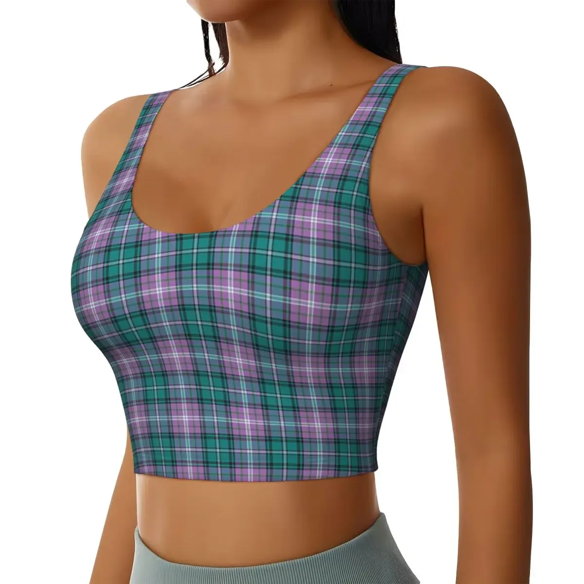 Custom Purple Scottish Tartan Plaid Women Sports Bra High Impact Vest Gym Workout Yoga Crop Tank Tops