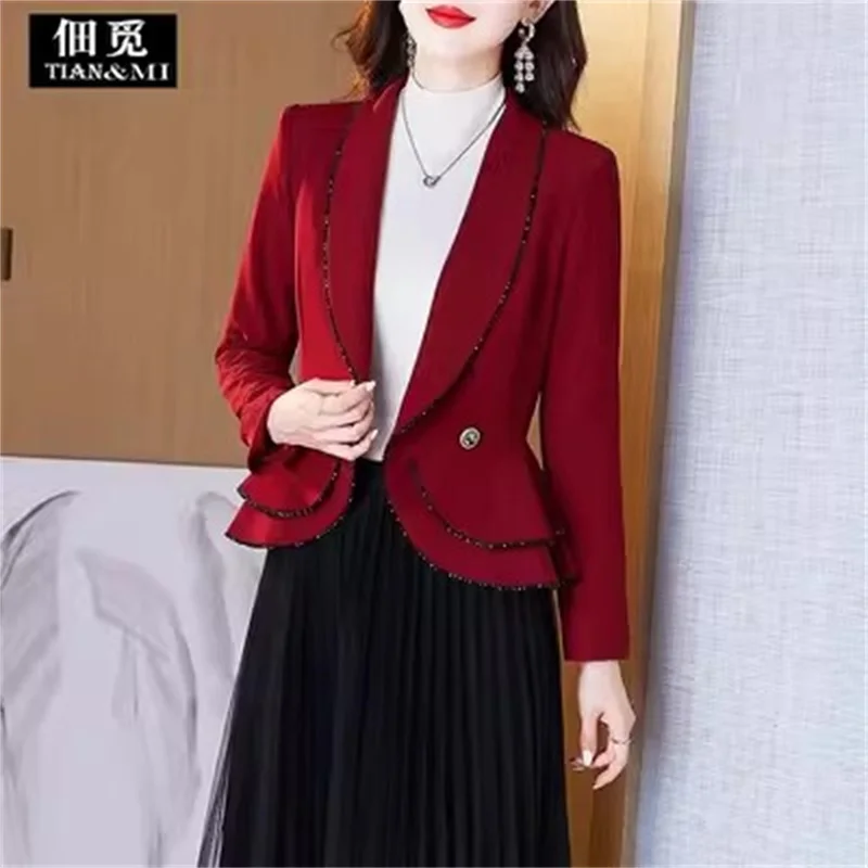 Chaqueta de traje corta para mujer, Blazer ajustado con una sola hebilla, diseño rojo vino, elegante, primavera y otoño, 2024