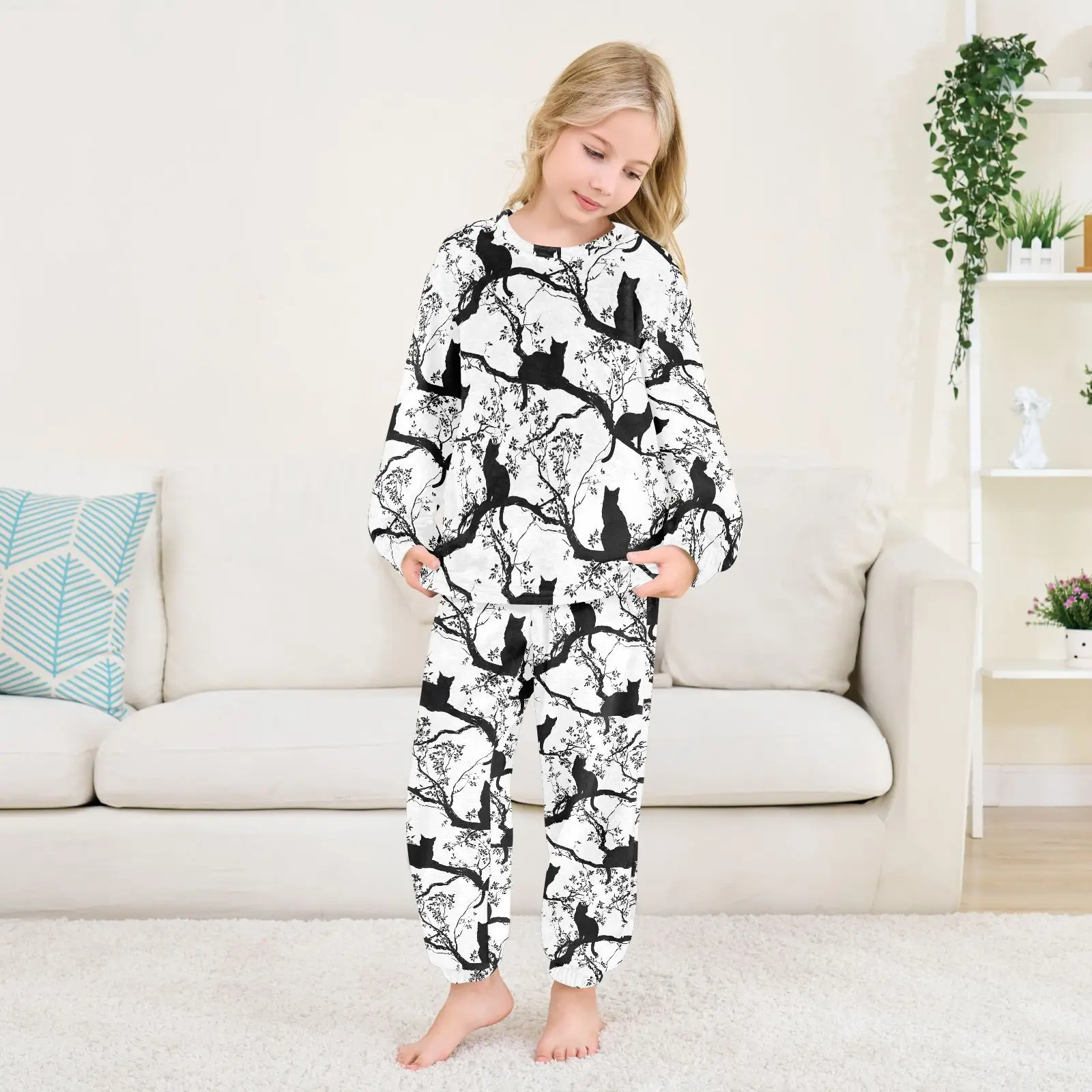 冬用長袖ソフトブラック猫プリントぬいぐるみパジャマセット女の子男の子用快適な子供用寝間着ナイトウェアラウンジウェア