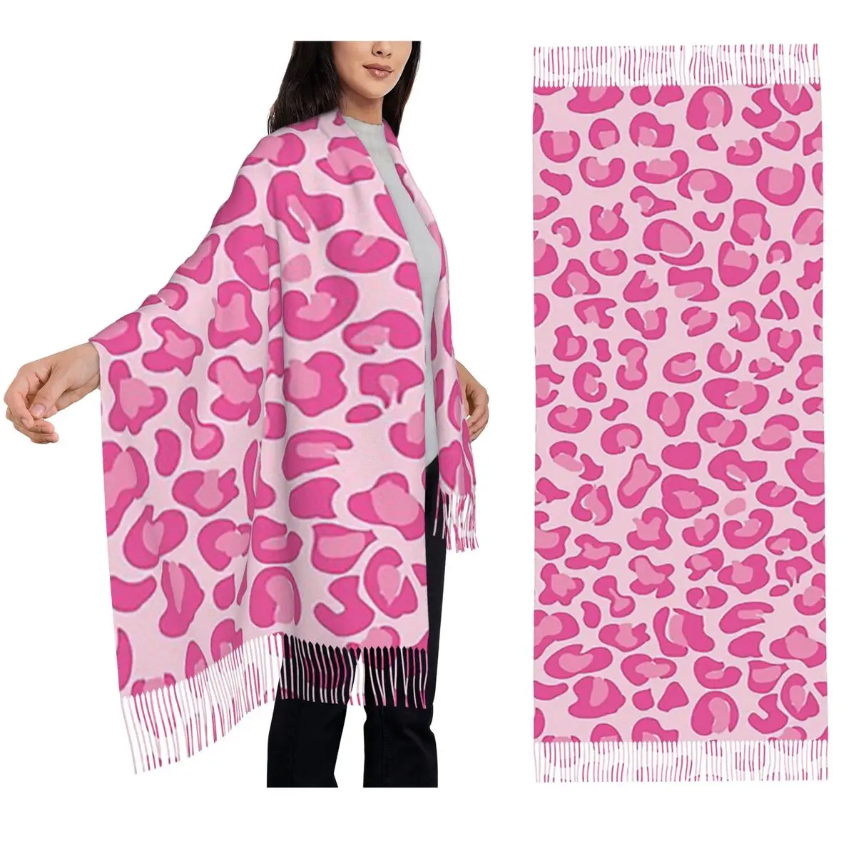 

Розовый шарф с леопардовым принтом, шарфы с кисточками для женщин, мягкие теплые шали и накидки, большая осенне-зимняя шаль