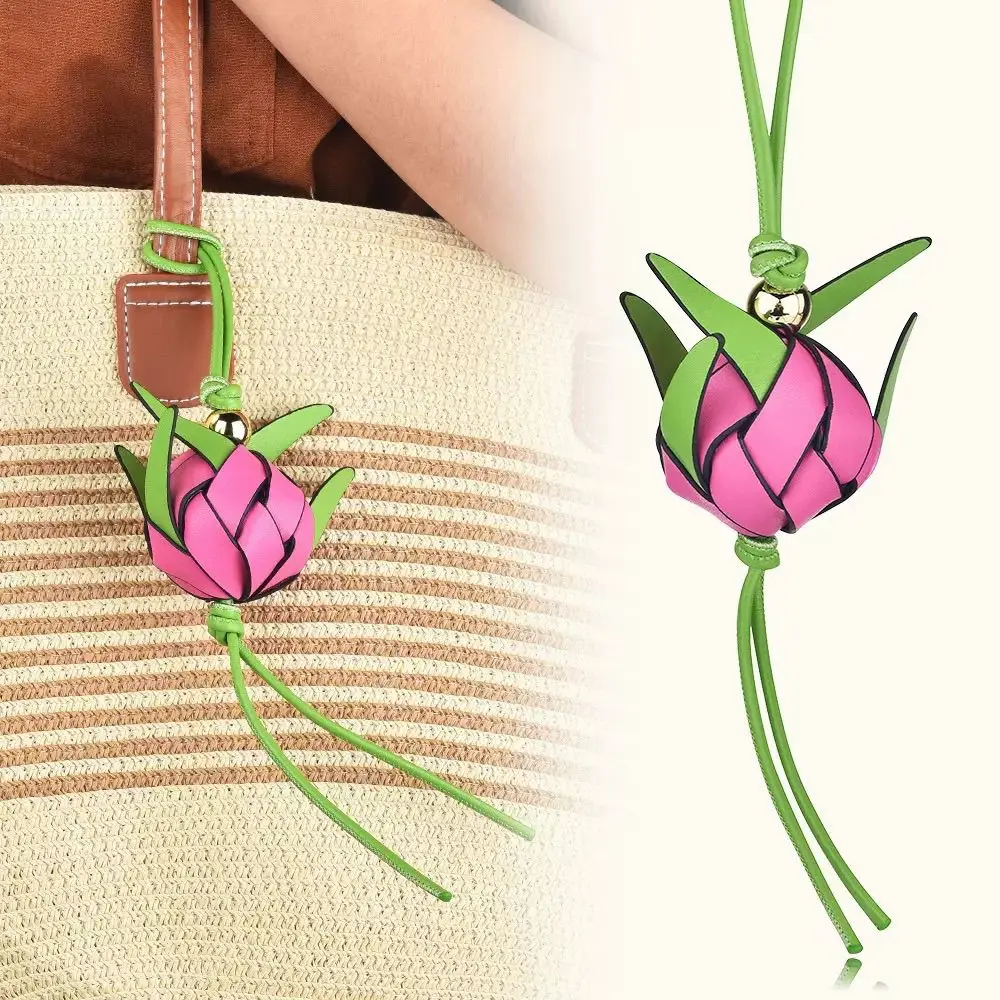 Handmade Woven Premium Dragon Fruit PU Leather Beaded Charm Bag Pendant Celebrity Style Dopamine Accessory Women Gift