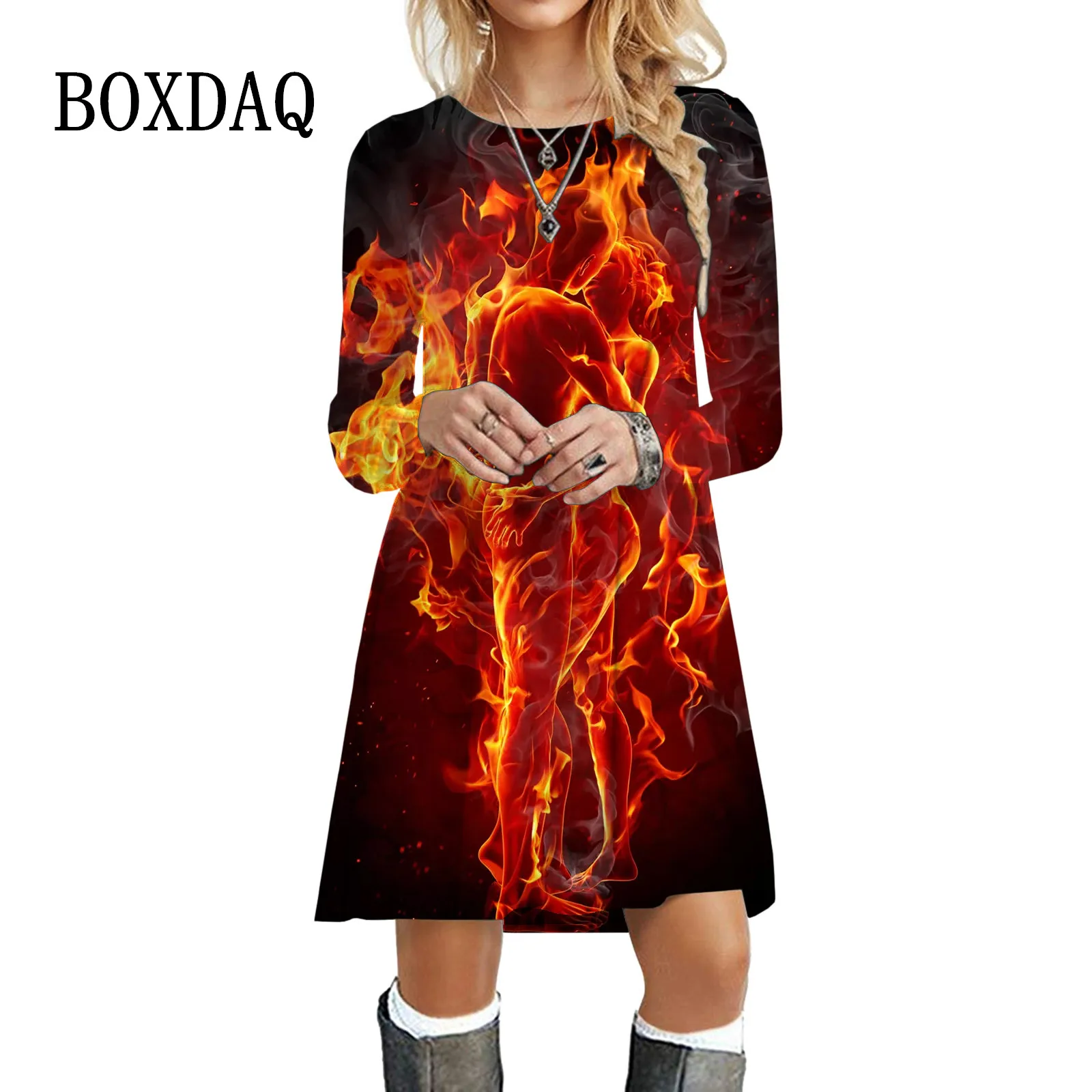 Flame Women Dresses Streetwear Hip Hop Print Dress Autumn Fashion Oversized Long Sleeve Clothing Casual O-Neck Loose Mini Dress