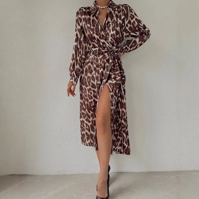 الأوروبية والأمريكية INS نمط الخريف جديد ليوبارد طباعة فستان طويل الأكمام عارضة التعادل