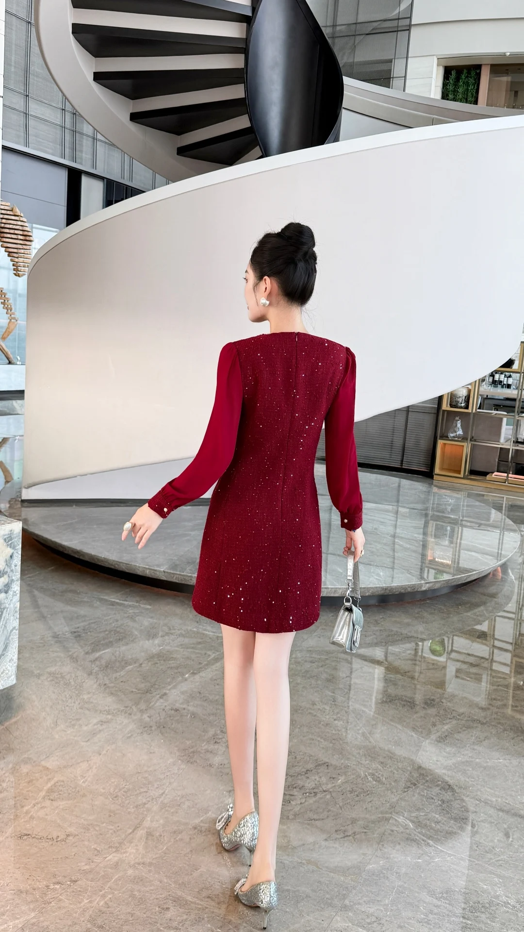 ZJYT diseñador moda mujer rebordear Tweed vestido de lana Otoño Invierno nueva manga larga Vintage Casual fiesta vestidos cortos rojo