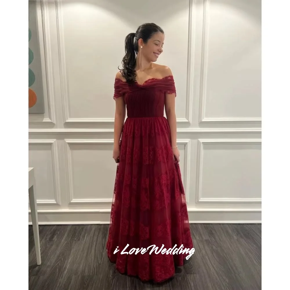 

Red Off Shoulder Prom Dresses 2025 Lace Backless A-Line Pleated Floor-length Evening Dresses Wedding Party Dresses Customized