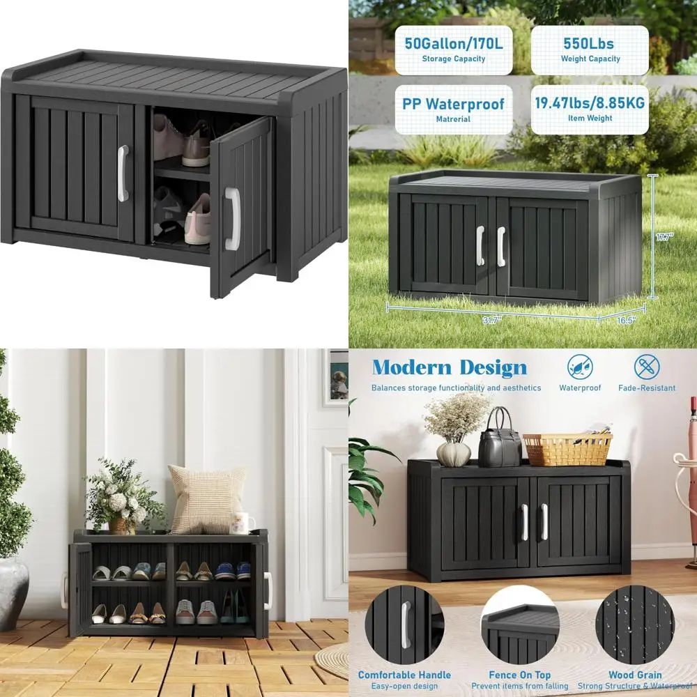 

Waterproof Outdoor Shoe Storage Bench with UV-Resistant Barn Doors and Adjustable Shelves
