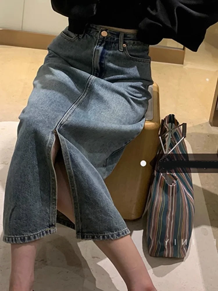 High Waist A-Line  Skirt Women\'s Denim Split Long Skirt Spring Autumn Design Slimming Skirts Korean Sle Midi Skirt