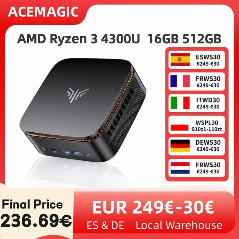 ACEMAGIC P1 Mini PC 16GB DDR4 512GB SSD Gaming Micro Desktop Computer AMD R3 4300U 4K Dual Display Kleine vormfactor