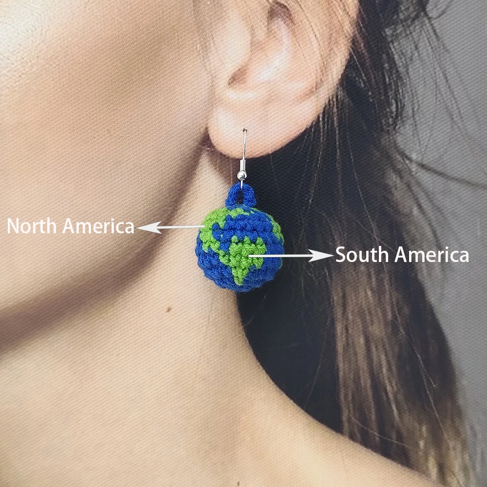 Crochet 3D Unique Earth Earrings For Women 100% Handmade Girl High Quality Globe Ear Accessories