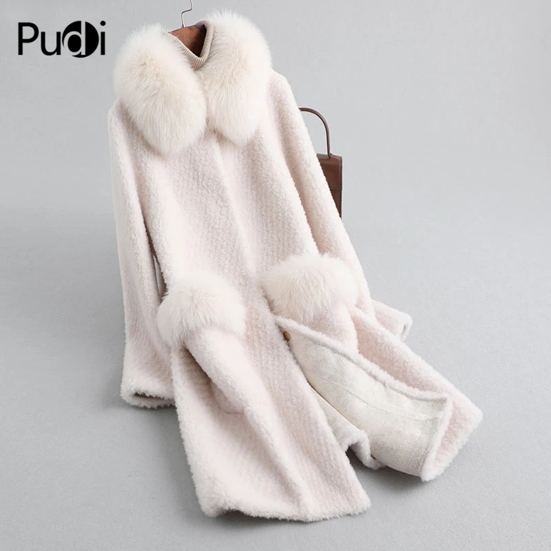 A19038 Pudi Women Real Wool Fur Coat Jacket Winter Warm Female Real Sheep Shearing Over Size Parka With Real Fox Fur Collar