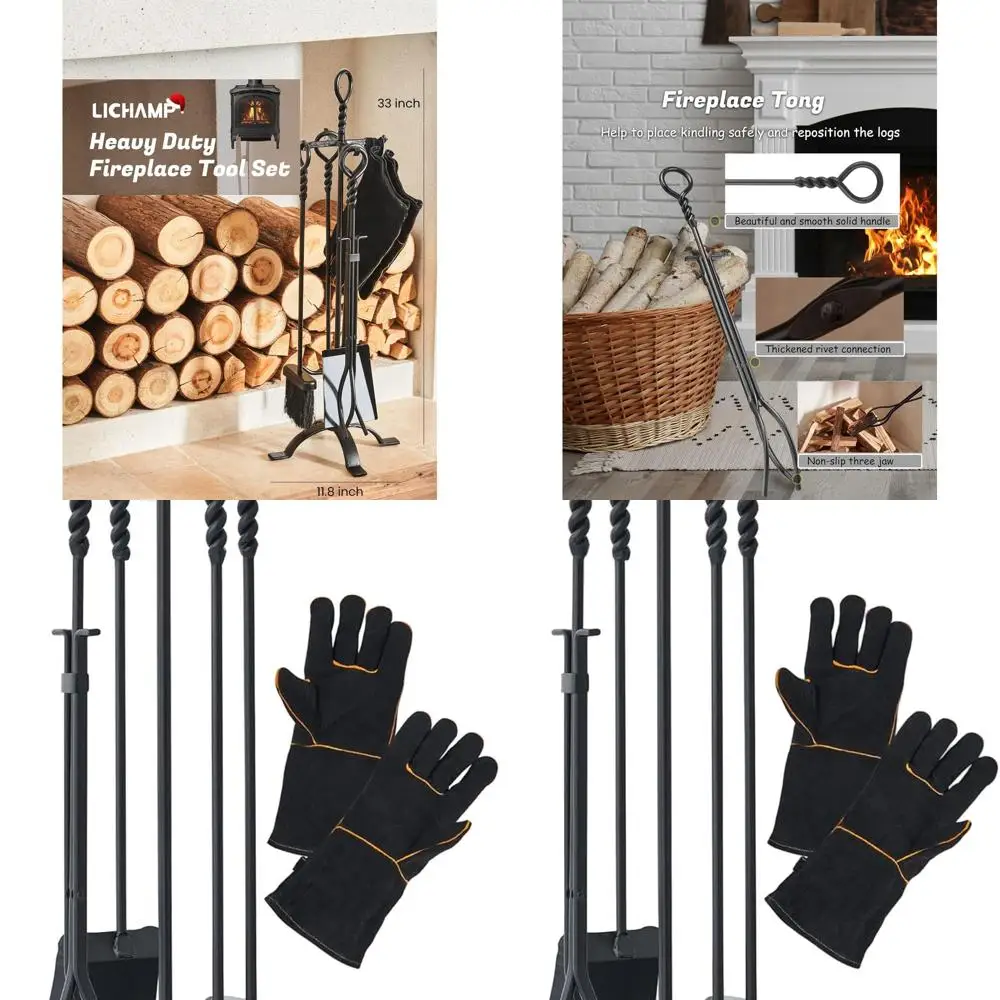 

Прочный каминный набор из 5 предметов с винтажной ручкой и термостойкими перчатками, FTS55BK