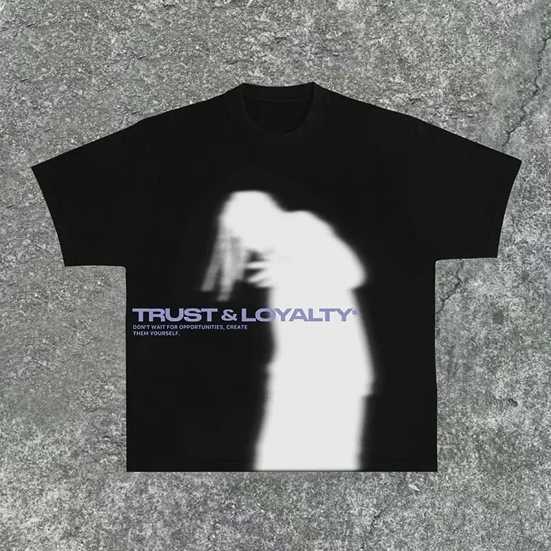 

Summer Y2K Casual Trust & Loyalty Print Graphic Print T-Shirt Street Style Cotton Short Sleeve Tops Retro Men Women Daily Wear