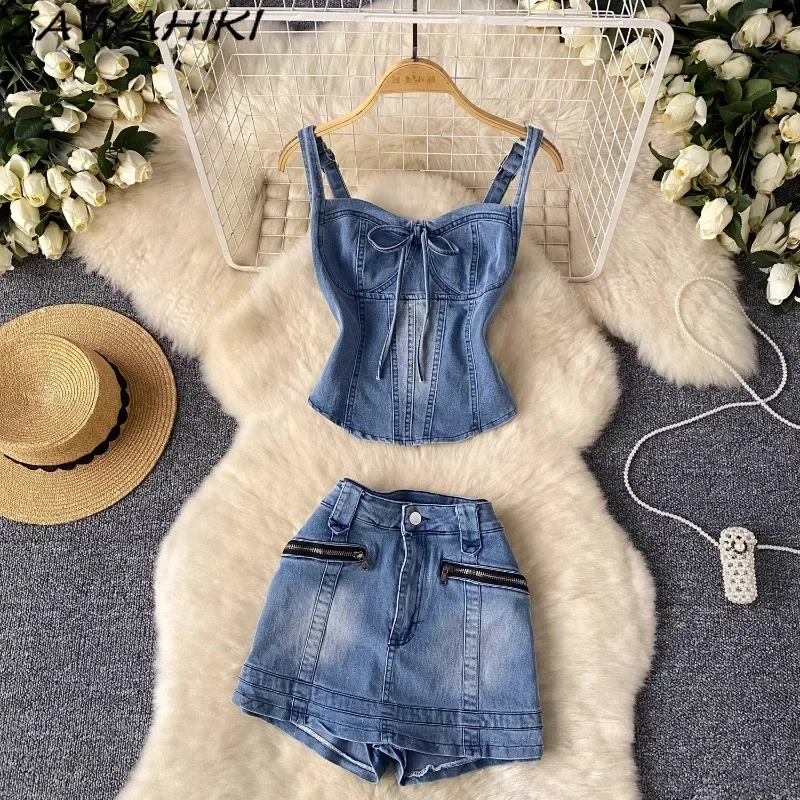 

American Style Denim Two Piece Set Women Sexy Slim Waist Bow Camisole + Pocket Design Patchwork Pants Korean Fashion Ropa Mujer