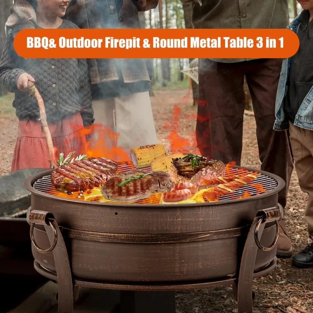 Fire Pit with Grill & Lid, Fireplace & Round Table & BBQ 3 in 1 Fire Pit,Heavy Duty Wood Burning Fire Pits for Outside Poker