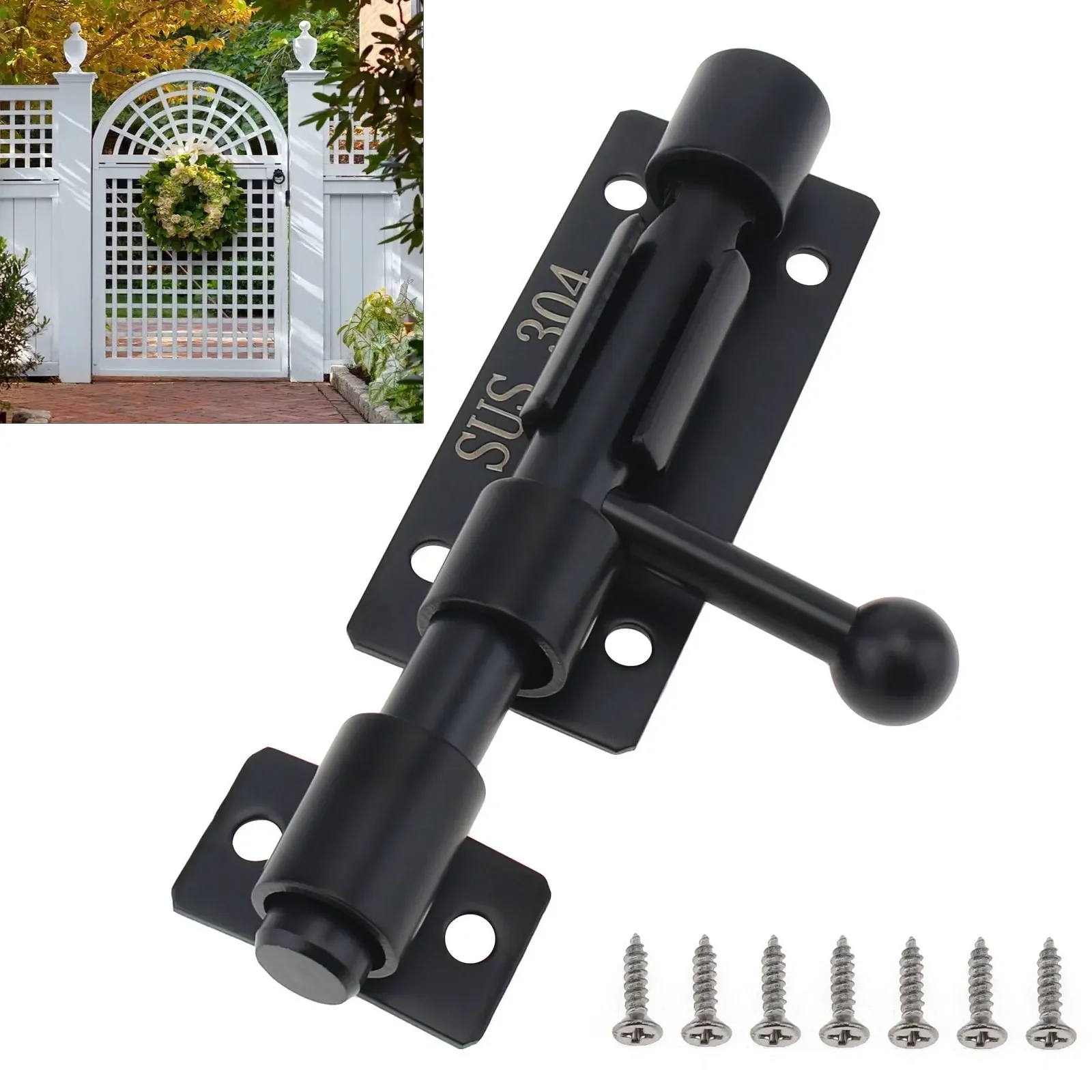 

4 Inch Thickened Barrel Bolt Door Latch for Door Window Cabinet with 8mm Padlock Hole Black Slide Door Lock 304 Stainless Steel