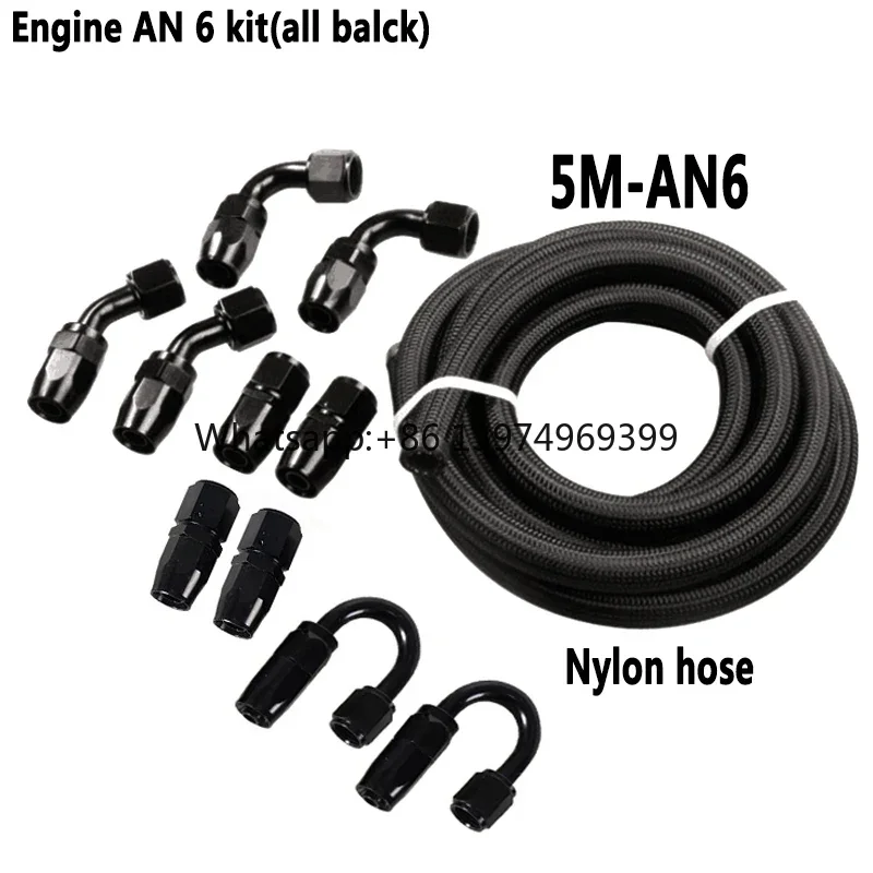 5m AN6 Engine Nylon Braided PTFE Hose Kit, Engine Fuel Line with 10 End Fittings Black Kit