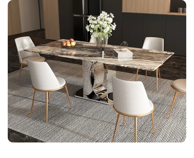 High-end stainless steel marble dining table water ripple modern living room furniture rectangular lamp luxury multiplayer
