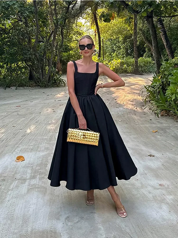 

Black Square Neck Sleeveless Backless Maxi Dress Women High Waist Corset Solid Dresses 2024 Fashion Lady Formal Party Vestidos