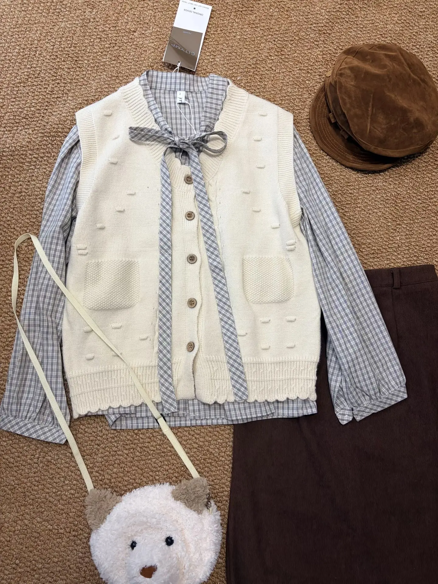 

Early Autumn Preppy Style Women's Knitted Vest Top And Long Sleeve Plaid Shirt Two-Piece Set Warmth College Fashion V-Neck Hi...