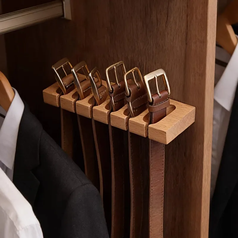 Solid Wood Wall Mounted Belt Rack No Drill Belt Door Hook Holder Scarves Ties Storage Rack Entryway Accessories Home Organizer view 2