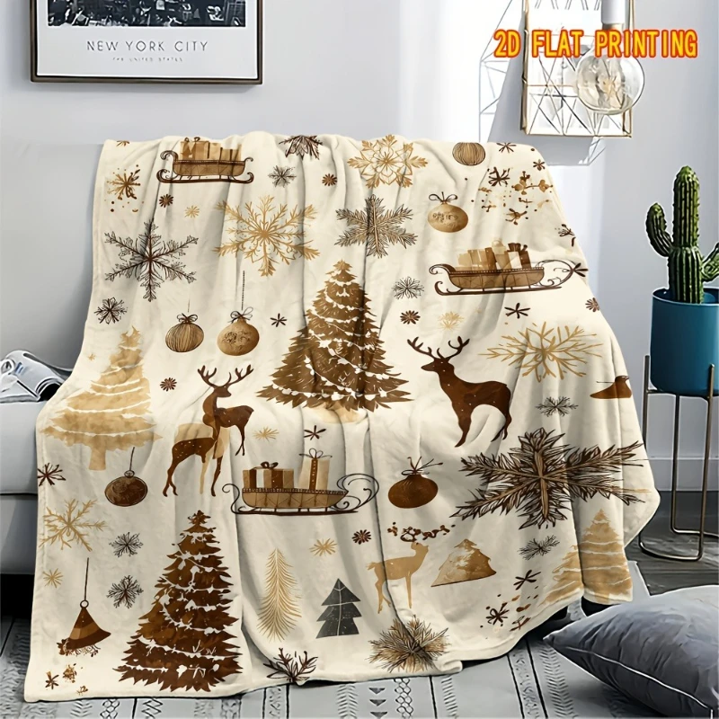 Vintage Christmas Throw Blanket, Brown Gold Tree Reindeer Sleigh Print Soft Fleece, Cozy Neutral Holiday Gift Couch Bed Sofa