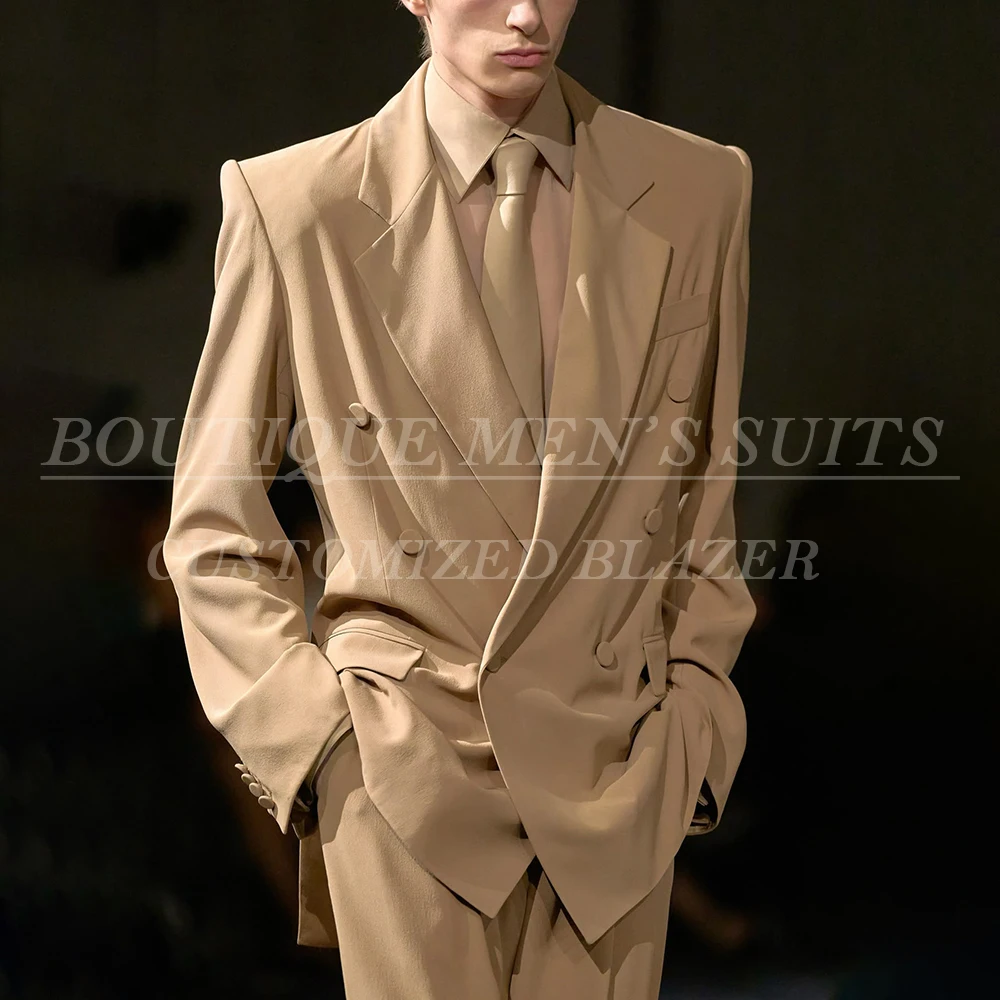 

Luxury Suits for Men Formal Double Breasted Notch Lapel Loose 2 Piece Jacket Pants Sets High Quality Wedding Male Clothing Sets