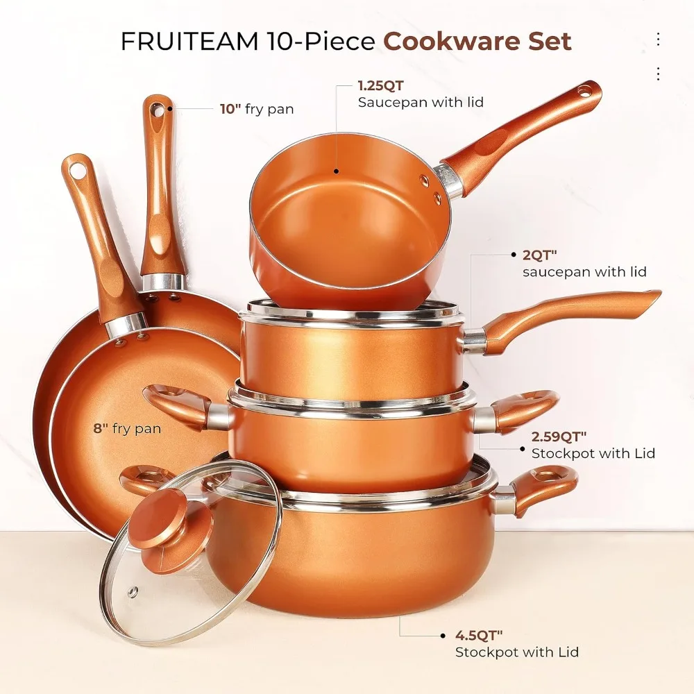 10pcs Cookware Set Ceramic Nonstick Soup Pot/Milk Pot/Frying Pans Set  Copper Aluminum Pan with Lid, Induction Gas Compatible