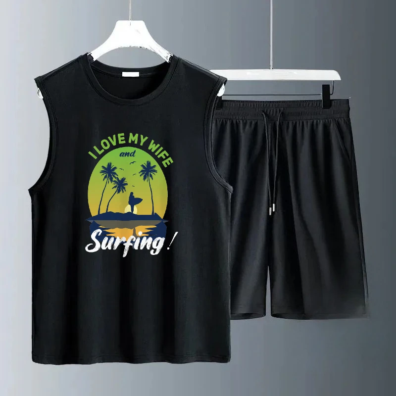 

2025 повседневные мужские комплекты, летние зеленые пляжные принты, повседневный наряд без рукавов, модные спортивные футболки + шорты, спортивный костюм из двух предметов