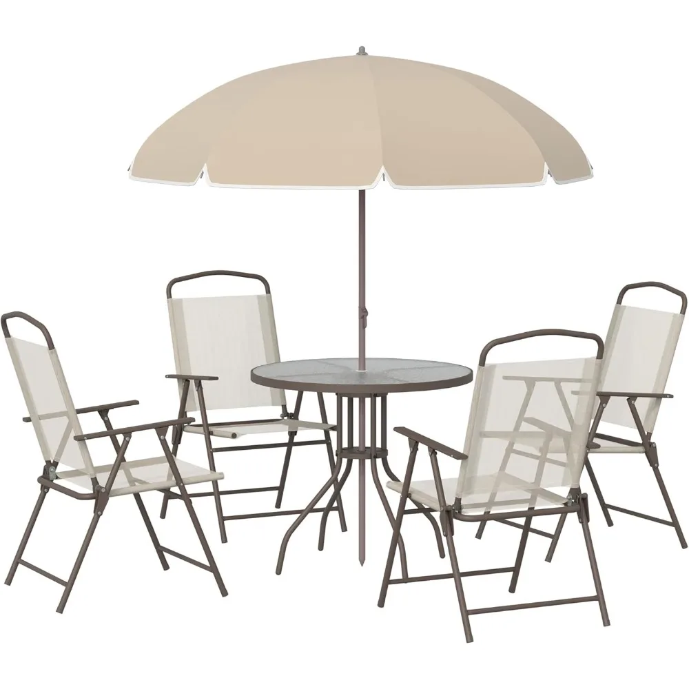 

6 Piece Patio Dining Set for 4 with Umbrella, Outdoor Table and Chairs with 4 Folding Dining Chairs & Round Glass Table for Gar