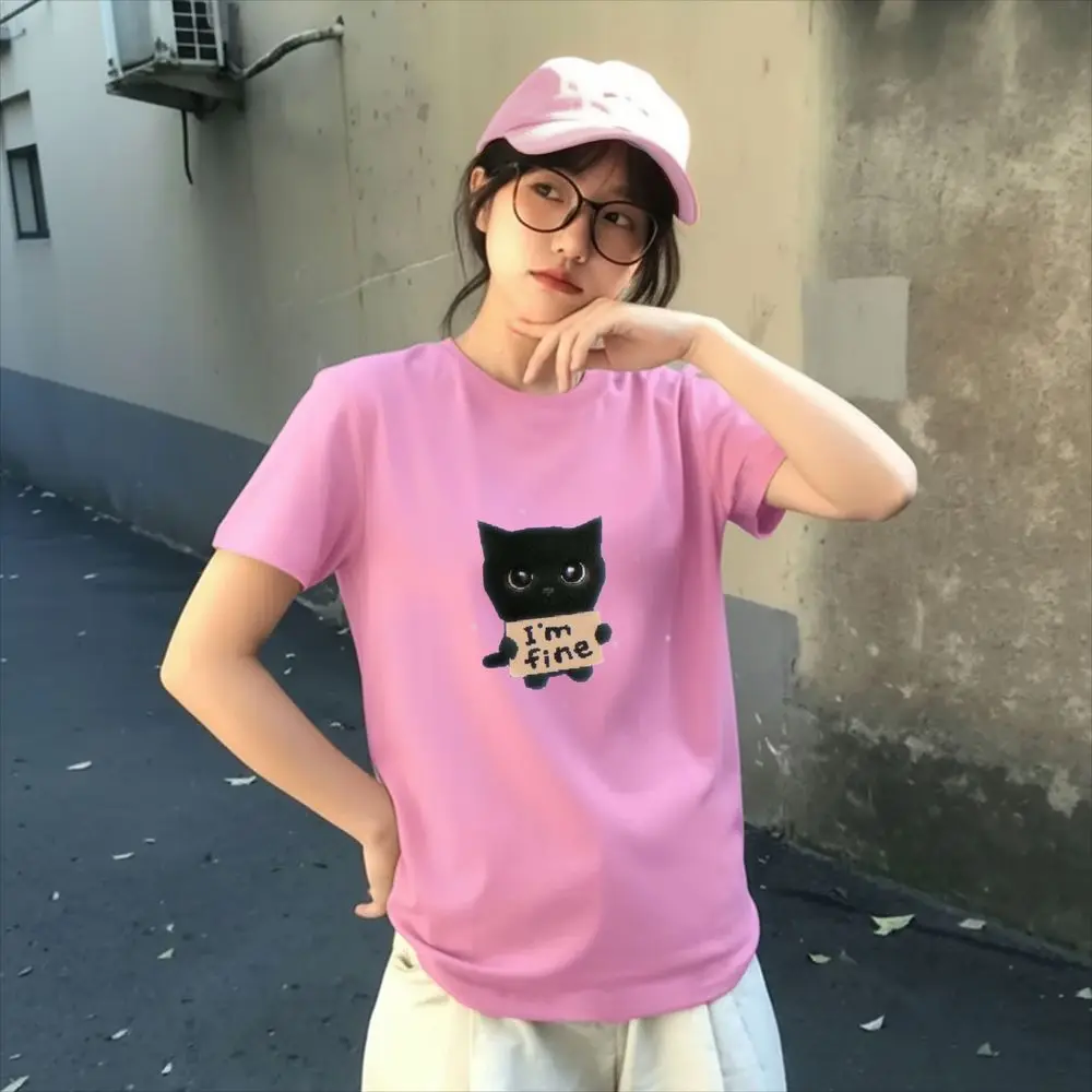 Vintage Black Cat Graphic T-Shirt Im Fine Women Tee Summer Short Sleeve Cute Print Y2k Streetwear Harajuku Casual Female Tops