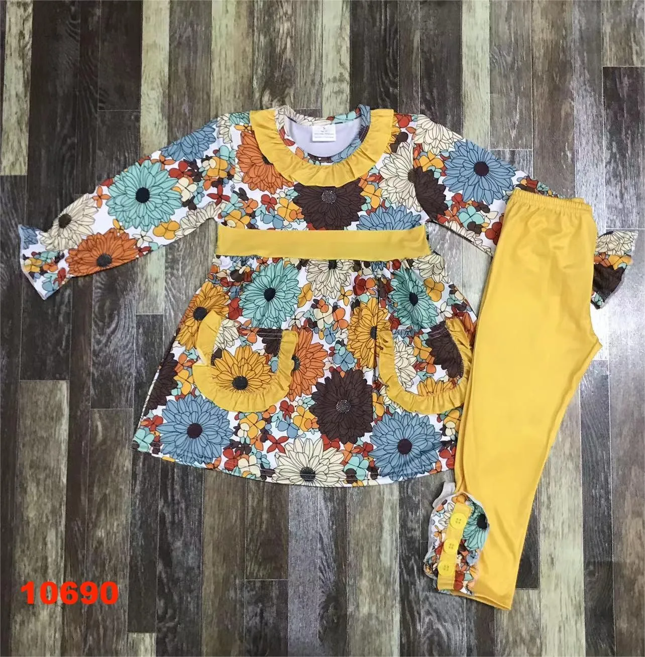 

2024 Flower sunflower kids girls baby clothes set cute cotton long sleeve trousers top plus pants autumn boutique clothing