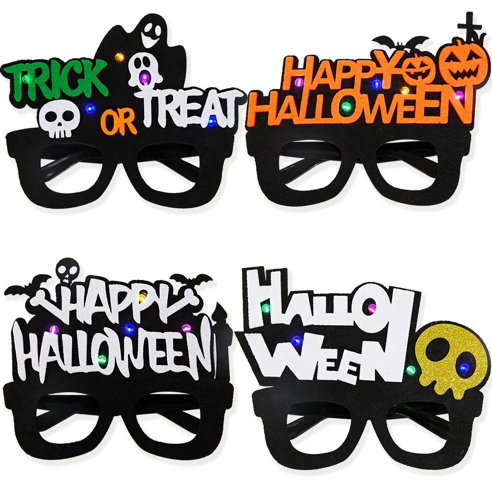 Lunettes citrouille en feutre brillant, piles bouton en plastique, lunettes lumineuses d'halloween, crâne LED, monture de lunettes d'halloween pour enfants