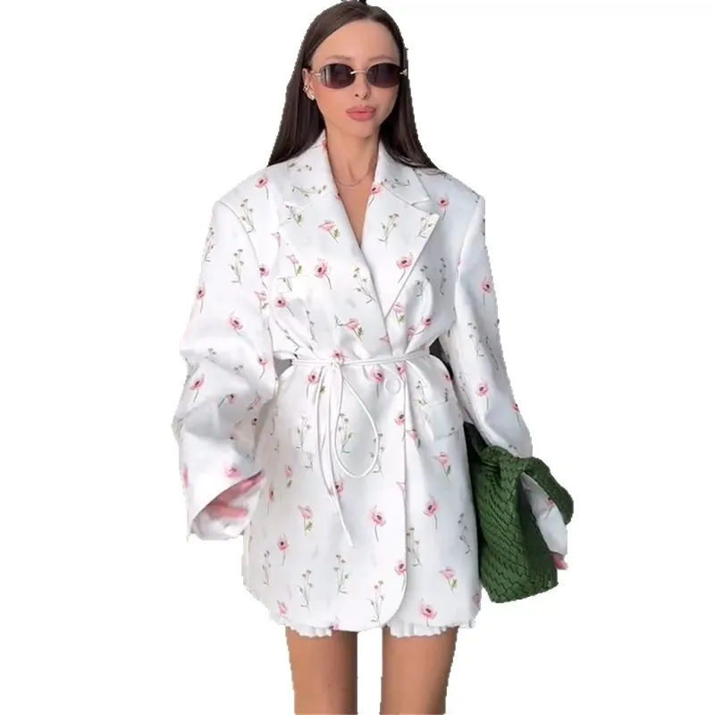 Women's 2025 Spring and Summer New Fashion Print Loose Suit Collar Tie Waist Suit Jacket Blazer Women