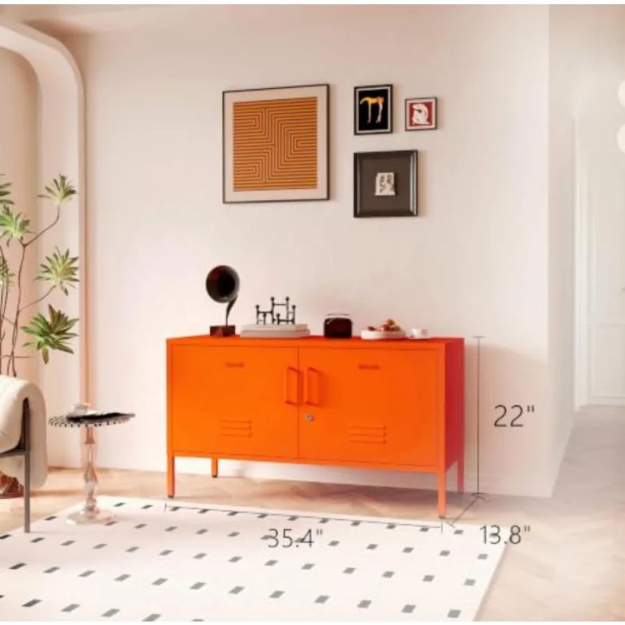 Orange Wide 2-Door Lockable Metal TV Stand for Home/Bedroom/Entryway/Hallway: Heavy Duty Steel, Adjustable Shelves, Storage Loc
