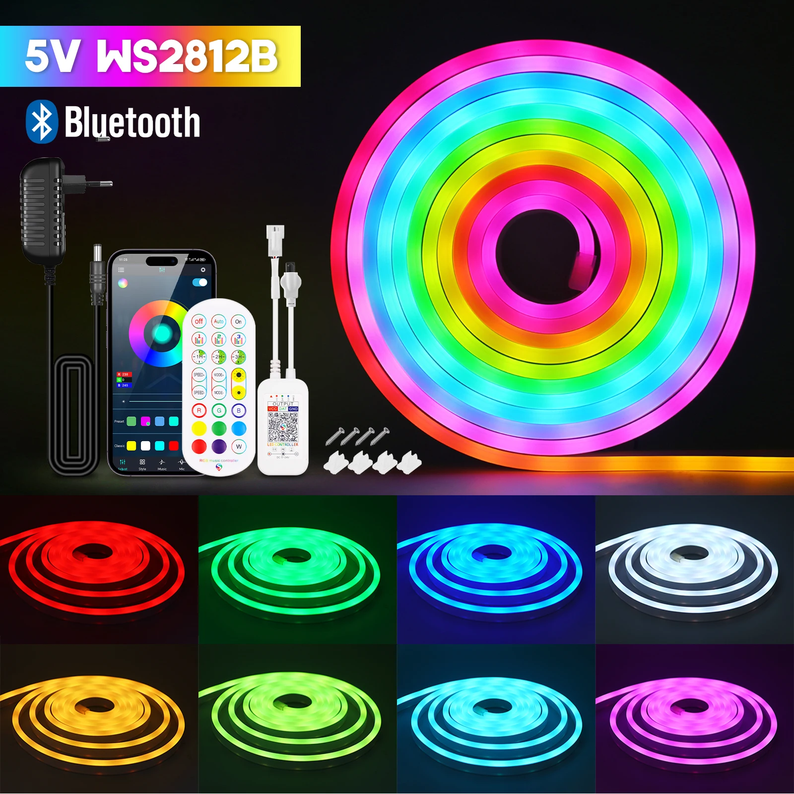 Bluetooth RGB Neon Strip 5V WS2812B Full Color Neon Light 7X13MM IP67 Waterproof Ribbon Tape Neon Sign DIY Home Decor Lighting