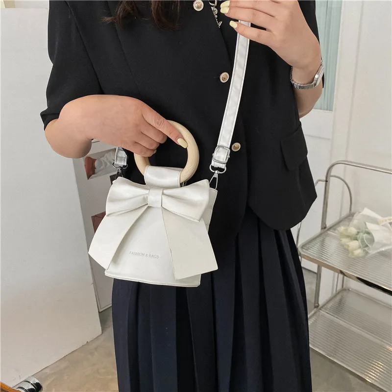 Bow Tie Round Wooden Handle Design Mini PU Leather Crossbody Side Bag Women 2022 Summer Fashion Shoulder Handbag Cute Totes