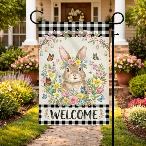 Happy Easter Bunny Welcome Flag Spring Decor Eggs Garden Outdoor Double Sided RRI
