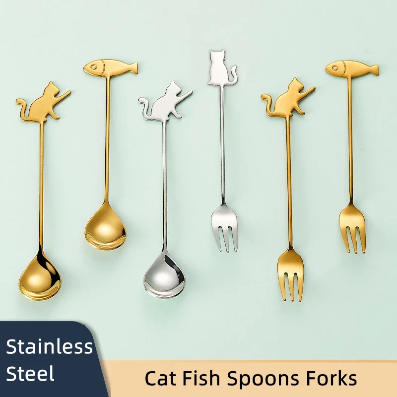 Cat Fish Spoons Forks Stainless Steel Kids Dessert Kitchen Tableware Ice Cream Cake Coffee Honey Stirring Seasoning Spoon Fork