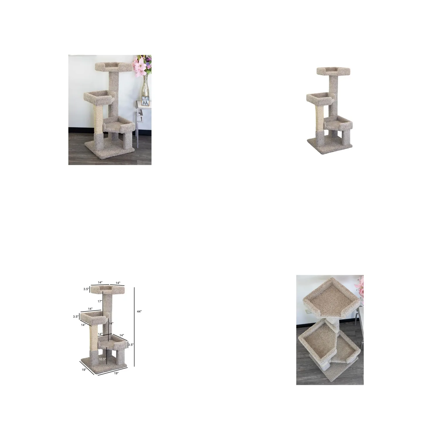 

Neo-Classical Nostal 3 Level Solid Wood and Carpet Kitty Tree 44" H x 19" W x 19" D Multi-Level Cat Tree with Wood, Customized