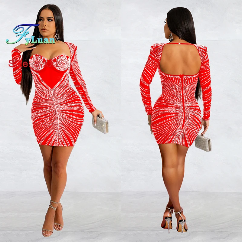 Long Sleeve Off Backless Long Jumpsuit Short Skirt Sheer Mesh Bead String Strapless Short Dress Sets Tight Fitting Women Outfit