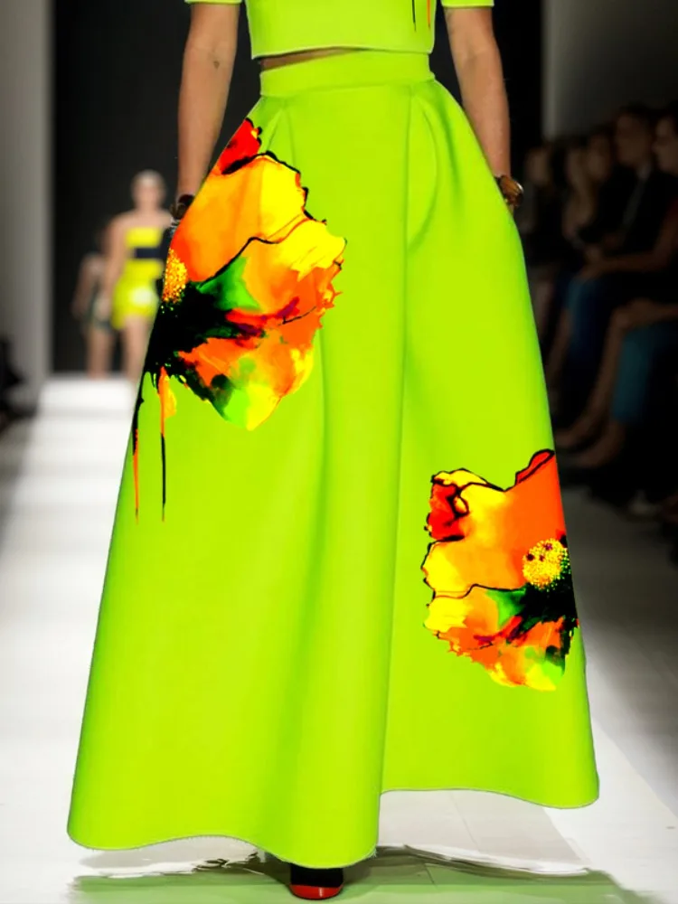 Gymystars moda um terno para mulher com uma saia verde conjunto de duas peças elegante flor impressão saia longa com decote em v topos casual senhora conjunto