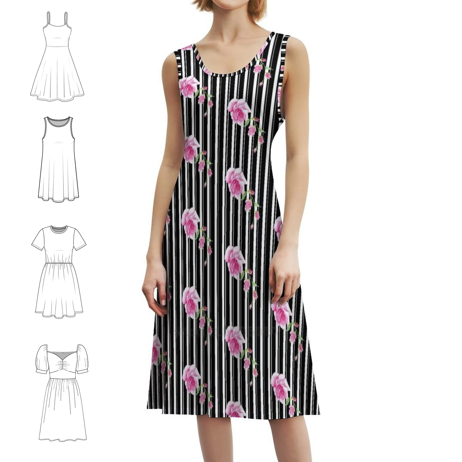 

Black And White Stripes With Pink Rose Sexy Vacation Dress For Women Beach Party Birthday Mini Dress Floral Pattern Watercolor