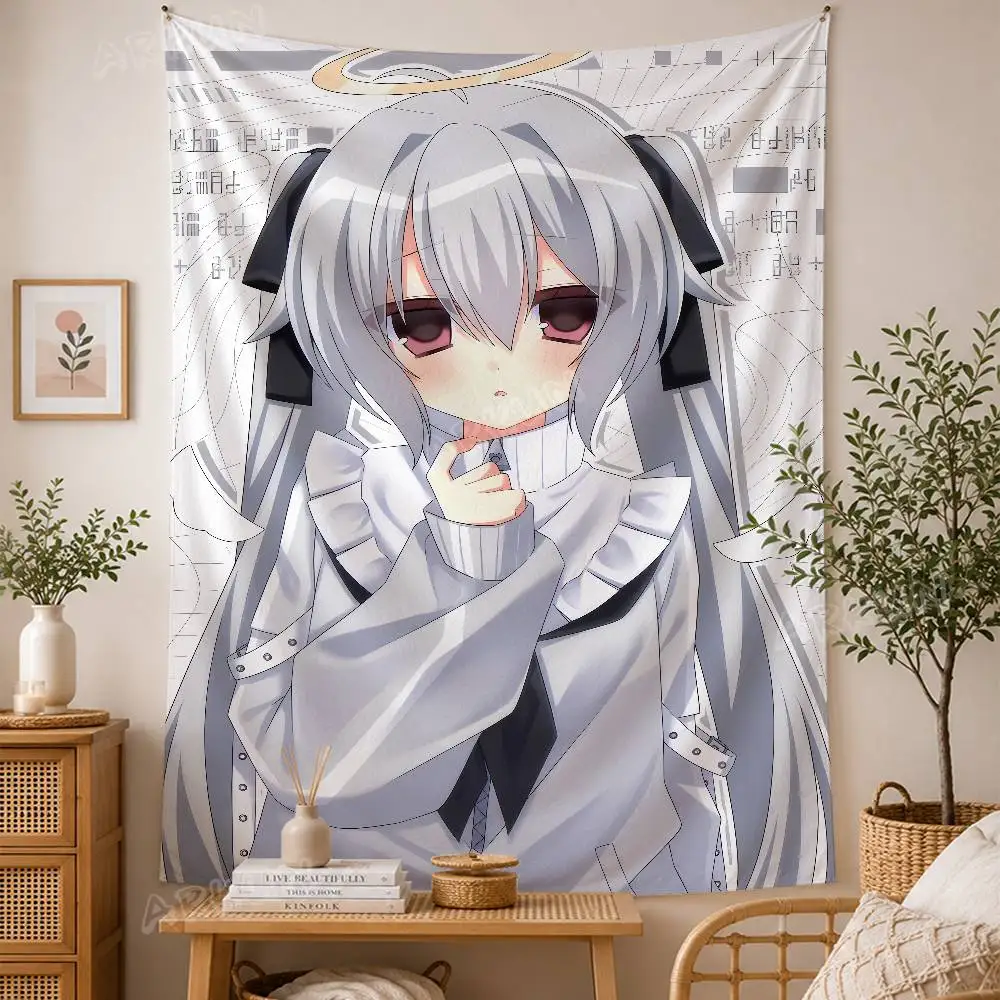Anime Angel Girl Tapestry Silver Twin‑tails Halo Wing Aesthetic Grey Tone Lolita Character Bedroom Dorm Home Background Decor