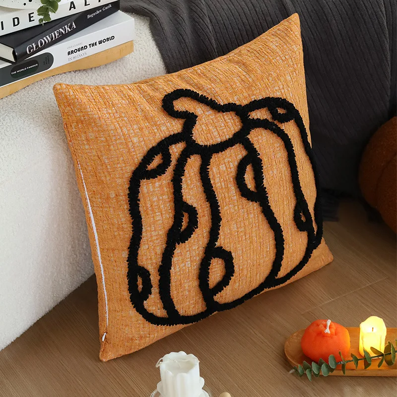 

Halloween Pumpkin Embroidery Pillow Cover Orange Chenille Sofa Cushion Cover Festival Party Decoration Sofa Pillowcase 45x45cm