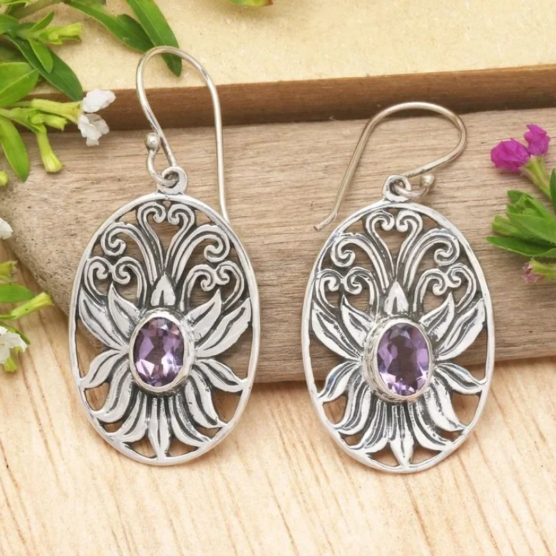 Vintage-Ohrringe mit lila glänzendem Zirkon-Inlay für Frauen, ethnischer Tribal-Stil, elegantes Ohrzubehör, Schmuck, Geschenke