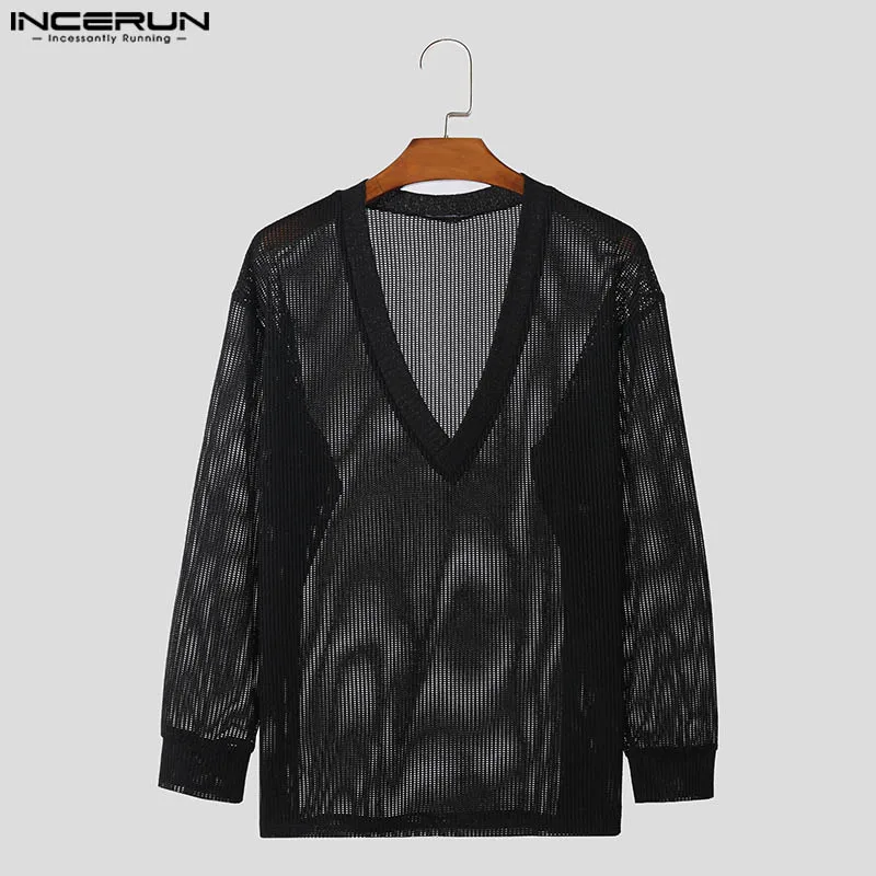 INCERUN Men T Shirt Hollow Out Solid Color V Neck Long Sleeve Casual Men Clothing Streetwear 2024 Transparent Fashion Camisetas