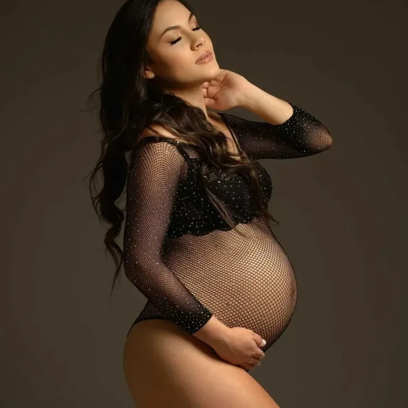 

Pregnant Woman Photo Stretchy Bodysuit See Through Maternity Photography Prop Black Bodysuit Transparent Mesh Clothing