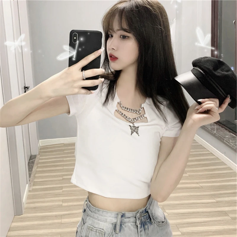 Summer 2026 Women's White Short Sleeve T-Shirt High Waist Short Style Belly Show Trendy Korean Style V-neck Commute Style