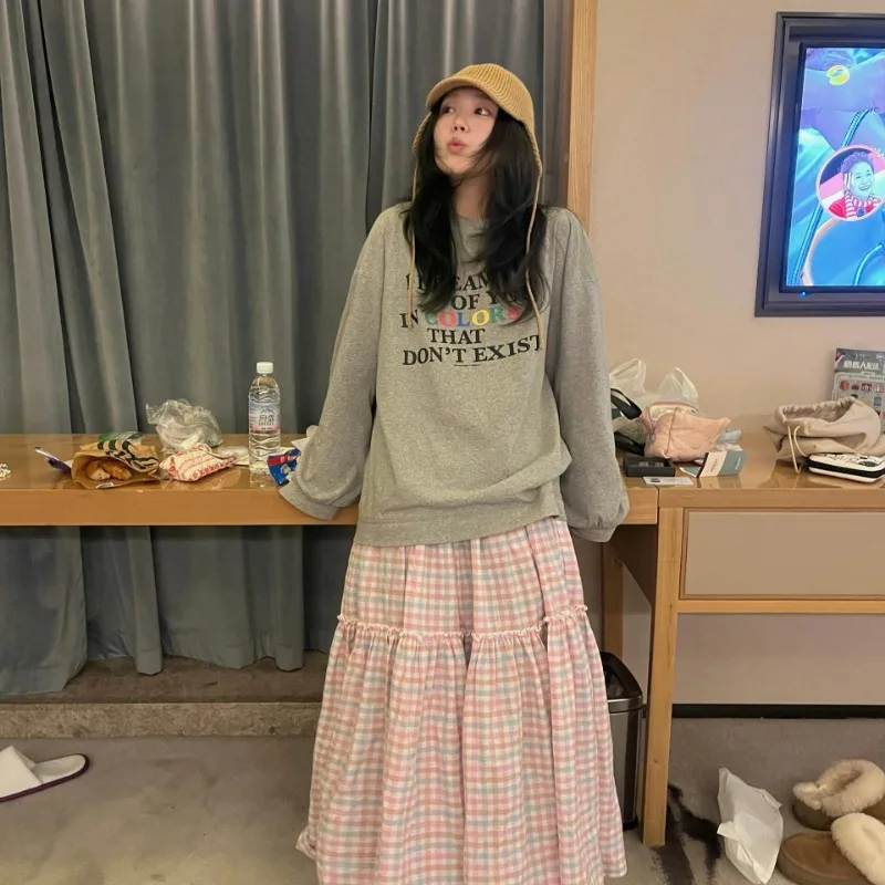 Rosa xadrez saia longa feminina japonês bonito mori meninas dobras saias de linha a primavera verão doce todos os jogos casuais faldas